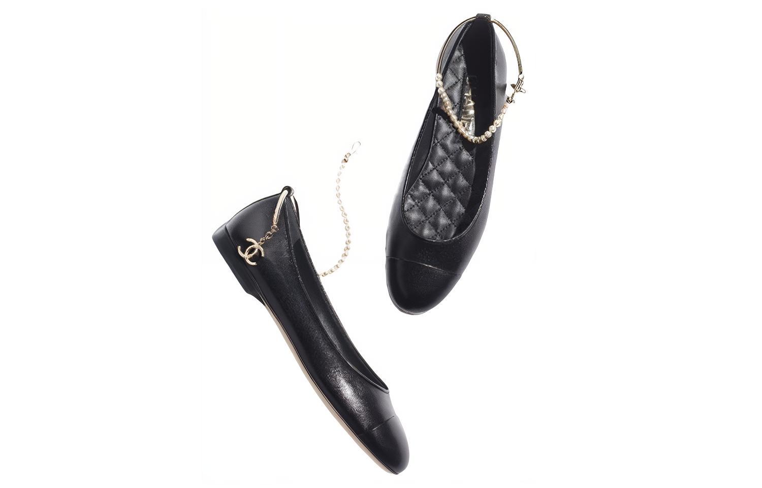 Purchase (W) Chanel Kulit Flat Hitam 'Dihias Mutiara' G38986-X56858-94305