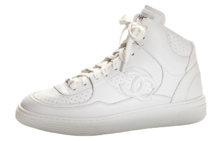 (W) Chanel Leather Lace-Up Mid-Top Sneakers 'White'