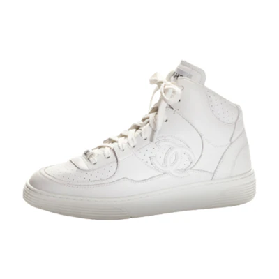 (W) Chanel Leather Lace-Up Mid-Top Sneakers 'White'