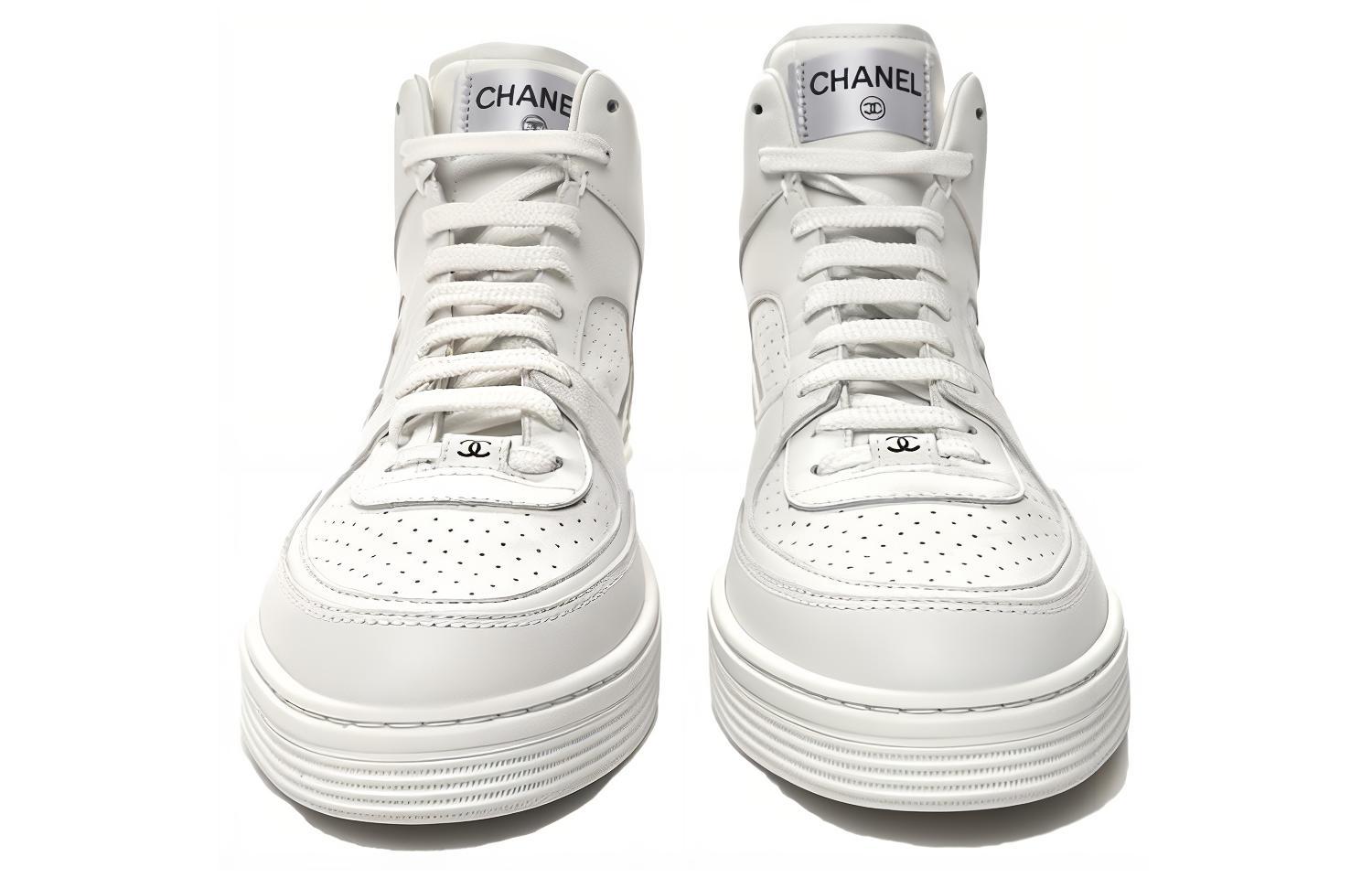 (W) Chanel Leather Lace-Up Mid-Top Sneakers 'White' 圖 4