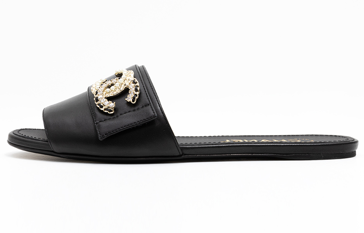 (W) Chanel Leather Logo Crystal Pearl Slide 'Black'