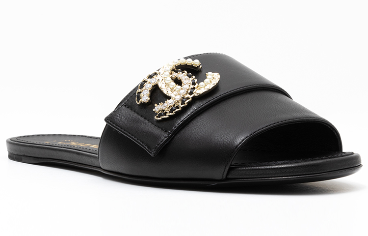 (W) Chanel Leather Logo Crystal Pearl Slide 'Black' 圖 2