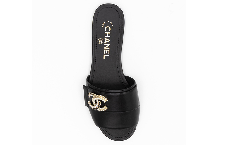 (W) Chanel Leather Logo Crystal Pearl Slide 'Black' 圖 3