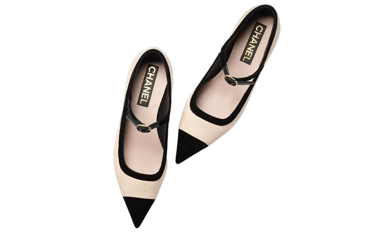 Shop 香奈兒皮革低幫尖頭平底鞋女款淡米色