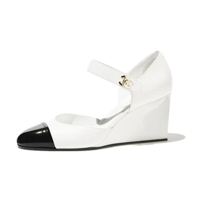 (W) Chanel Leather Low Wedge High Heels 'White CMFT' 7.5cm