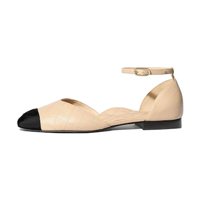 (W) Chanel Leather Mary Jane Flats 'Beige'