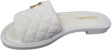 (Women) Chanel Leather Open Toe Flat Slide 'White' G38794-X56519-0N778 (Women) Chanel Leather Open Toe Flat Slide 'White' G38794-X56519-0N778