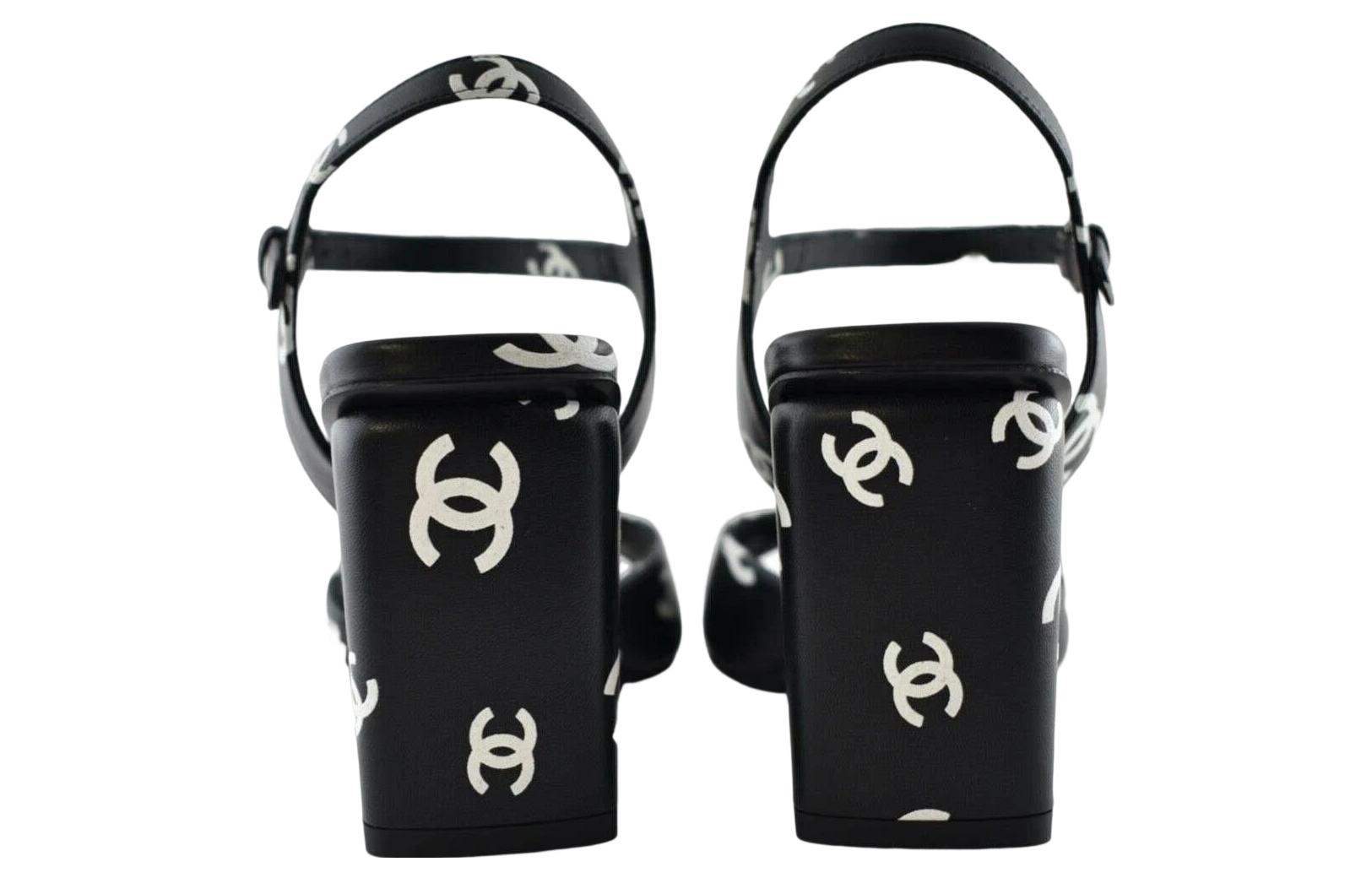Shop (W) Chanel Leder Rundzehen-Sandalen mit Schnalle und Blockabsatz ''8.5cm Schwarz'' G38973-X56530-K4210