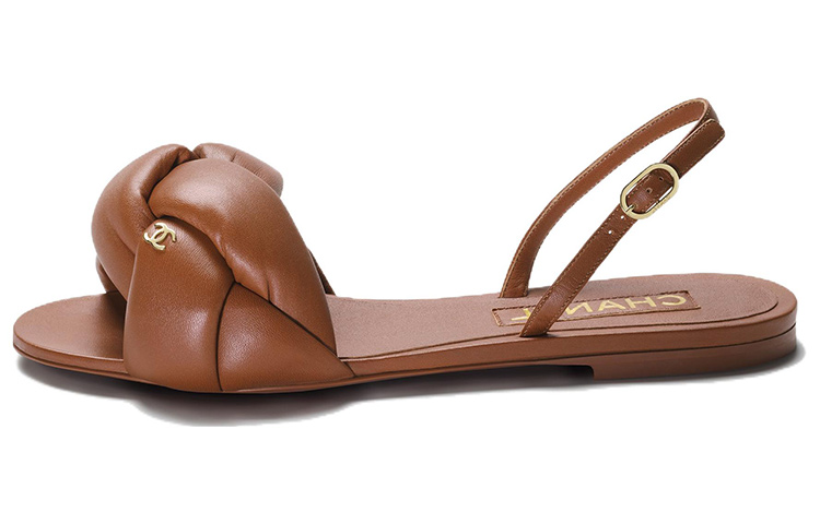 (W) Chanel Leather Round-Toe Buckle Slide 'Brown'