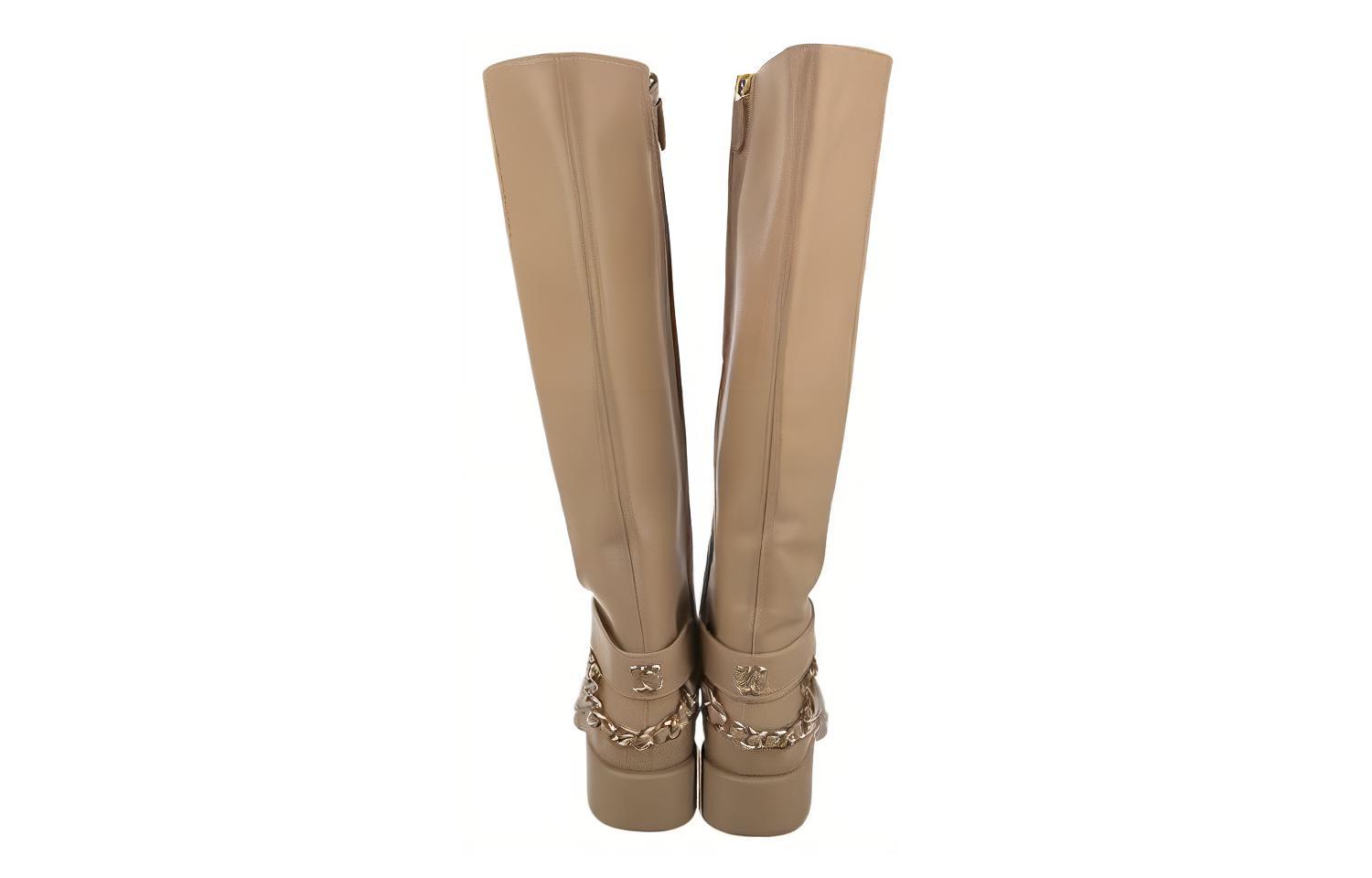 Shop (W) Chanel Lederen Comfortabele Hoge Laarzen met Ronde Neus ''Beige'' G39171-X56609-0P147