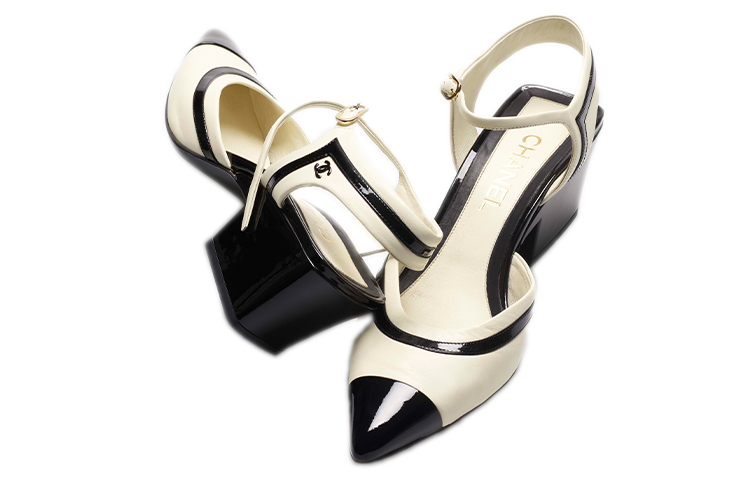 Shop (W) 샤넬 블랙&화이트 가죽 슬립온 블록힐 G38846-Y55779-K4073