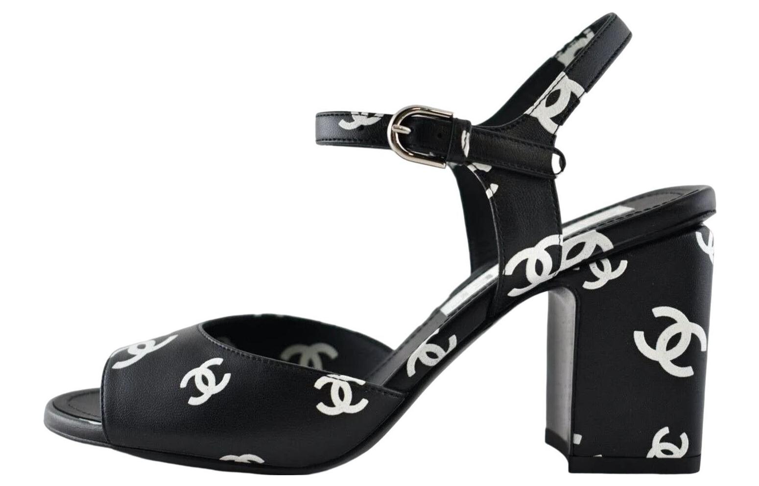 (W) Chanel Leather Round-Toe Buckle Chunky-Heel Printed Fashion Sandals '8.5cm Black'
