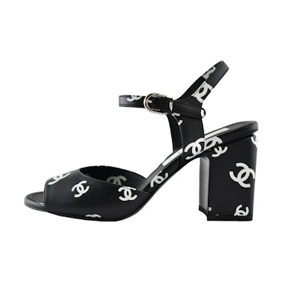 (W) Chanel Leather Round-Toe Buckle Chunky-Heel Printed Fashion Sandals '8.5cm Black'