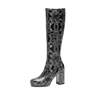(W) Chanel Leather Round Toe Chunky Heel Zip-Up Tall Boots 'Black'
