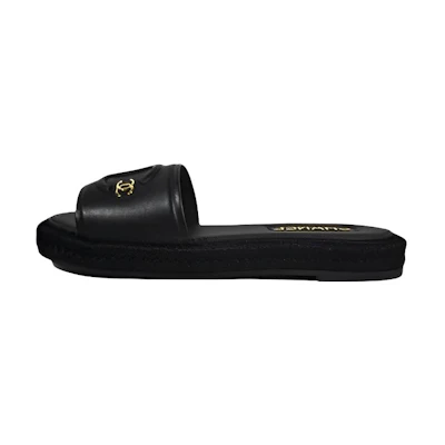 (W) Chanel Leather Round Toe Slip-On Sandals 'Black'