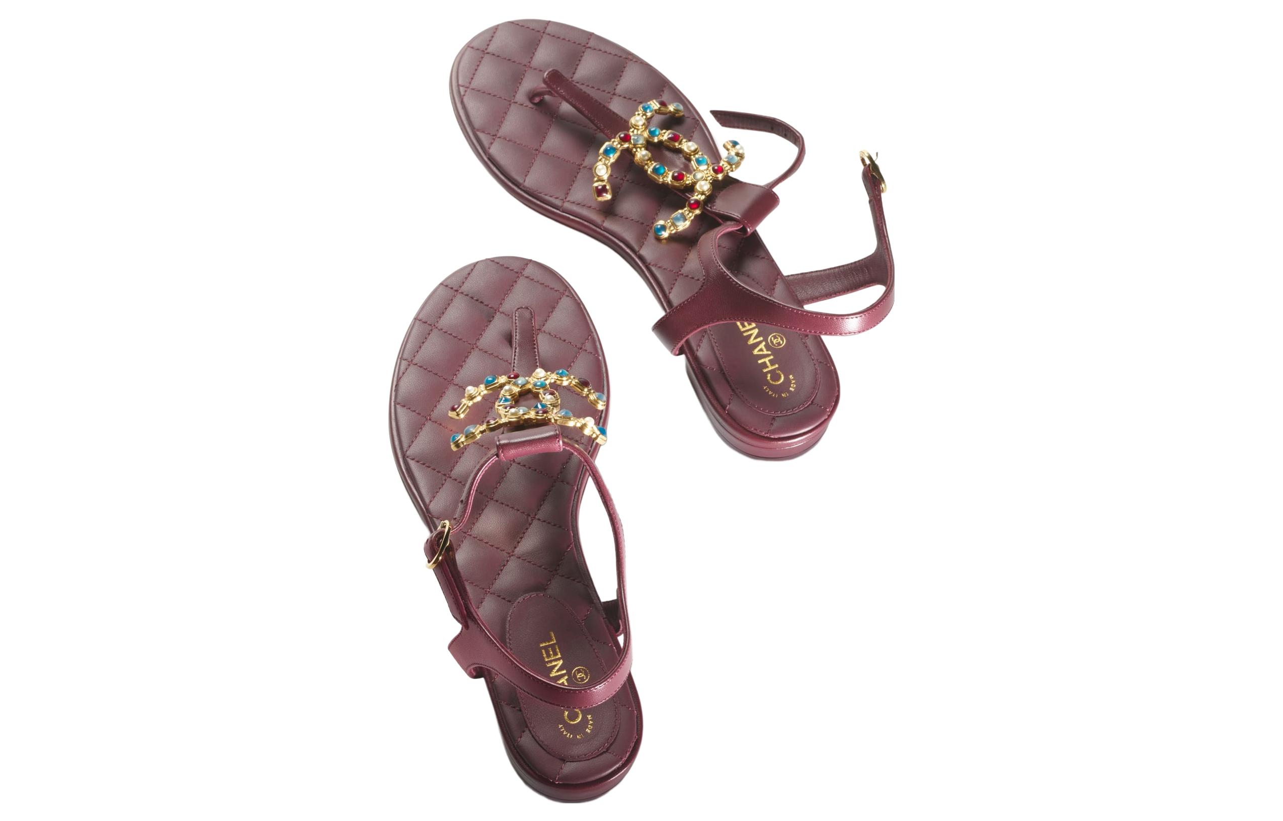 Shop CHANEL香奈兒 皮革 簡約時尚 一字帶涼鞋 女款 酒紅色