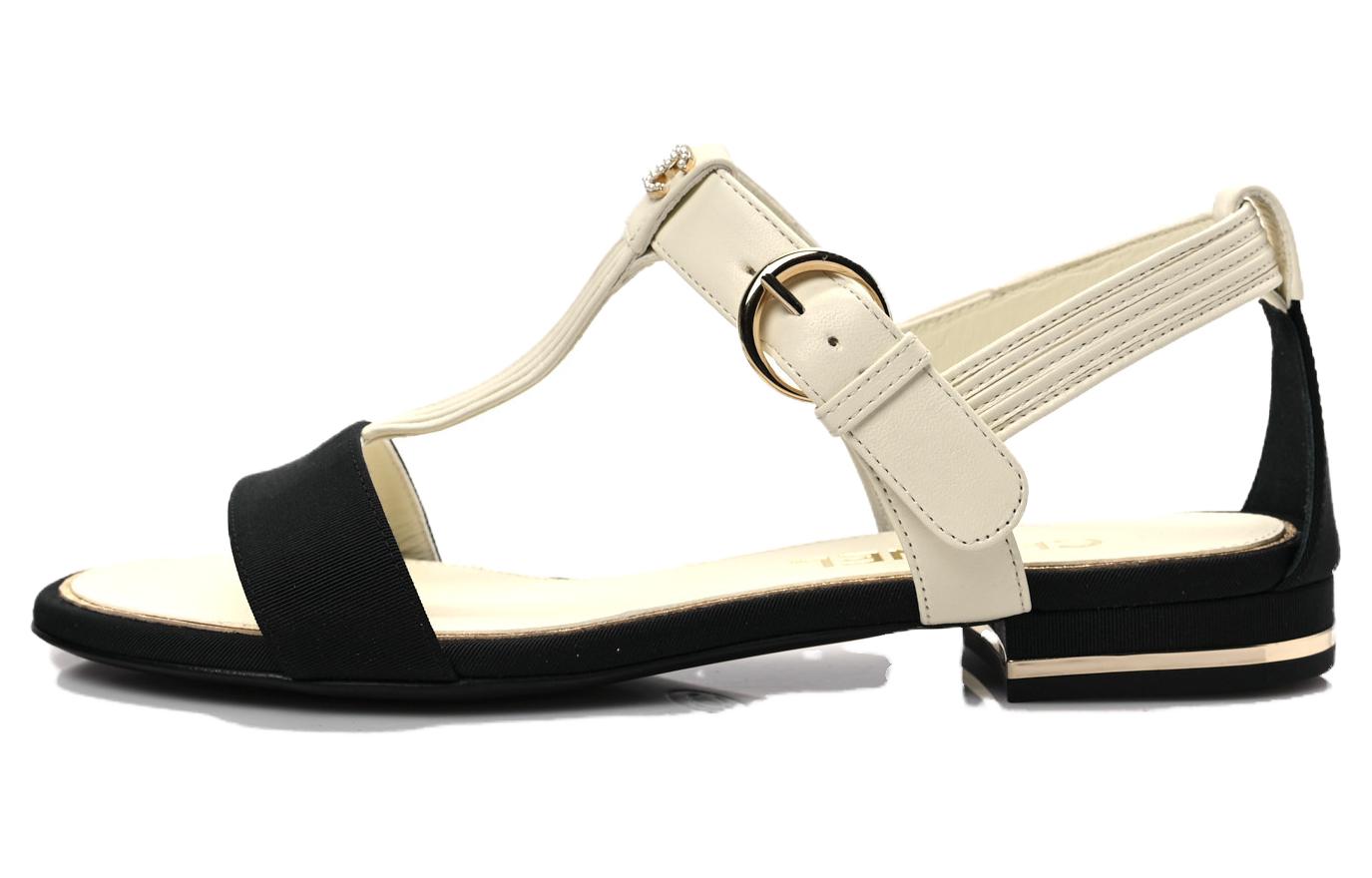 (W) Chanel Leather Sandals 'White Logo Buckle'