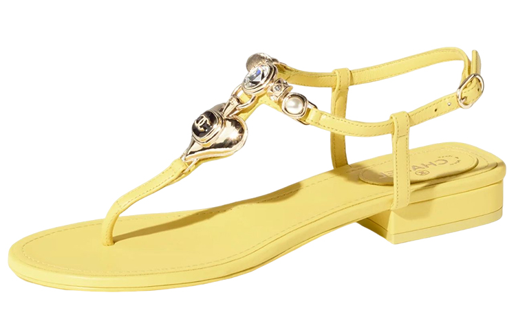 (Women) Chanel Leather Sandals 'Yellow with Rhinestones and Faux Pearls' G39674-X01000-0S083