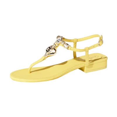 (W) Chanel Leather Sandals 'Yellow with Rhinestones and Faux Pearls'