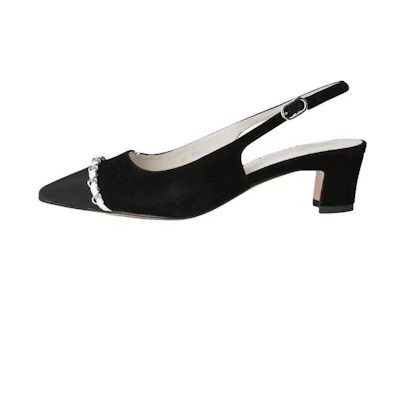 (W) Chanel Leather Satin Buckle Metal Block Heel Pumps 'Black'