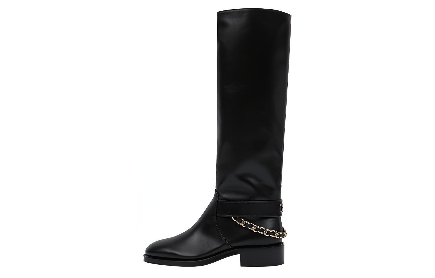Buy (Women) Chanel Leather Zipper Round-Toe High-Top Boots 'Black