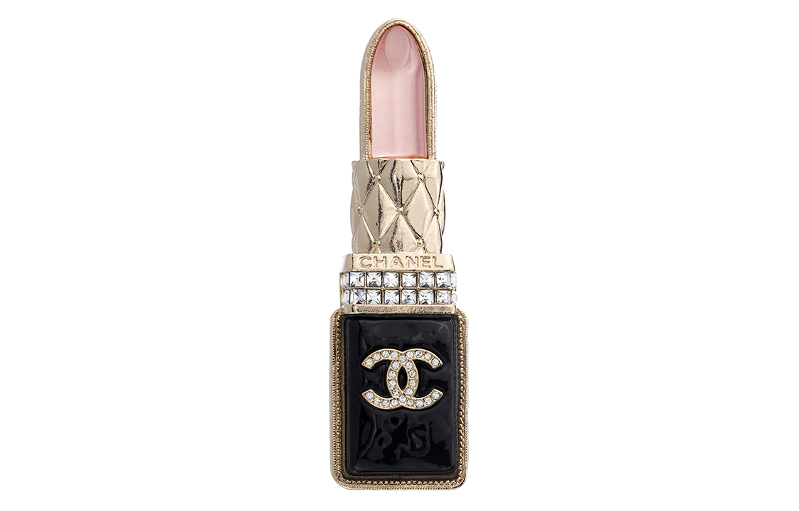 (Women) CHANEL Lipstick Shaped Crystal Brooch for Women - Black/Gold/Pink. AB7677-B07450-NG614