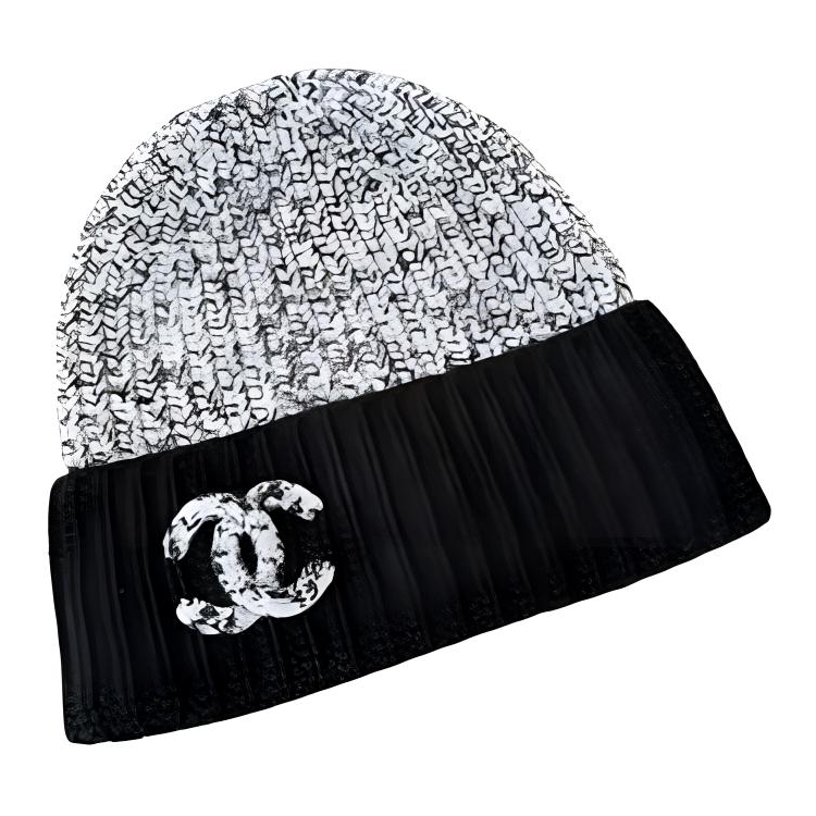 Lookbook (W) CHANEL Topi Beanie Rajut Cashmere Abu-Abu Logo Desain. AAA148B16971NZ054