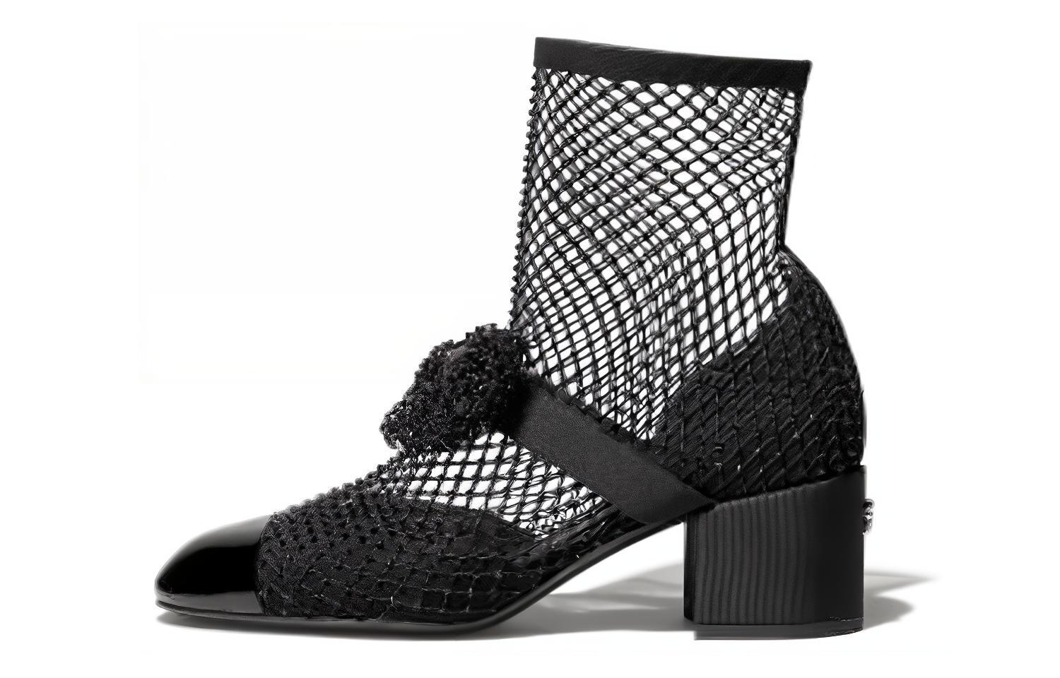 (W) Chanel Mary Jane 'Fishnet CMFT Short Boot - Black'