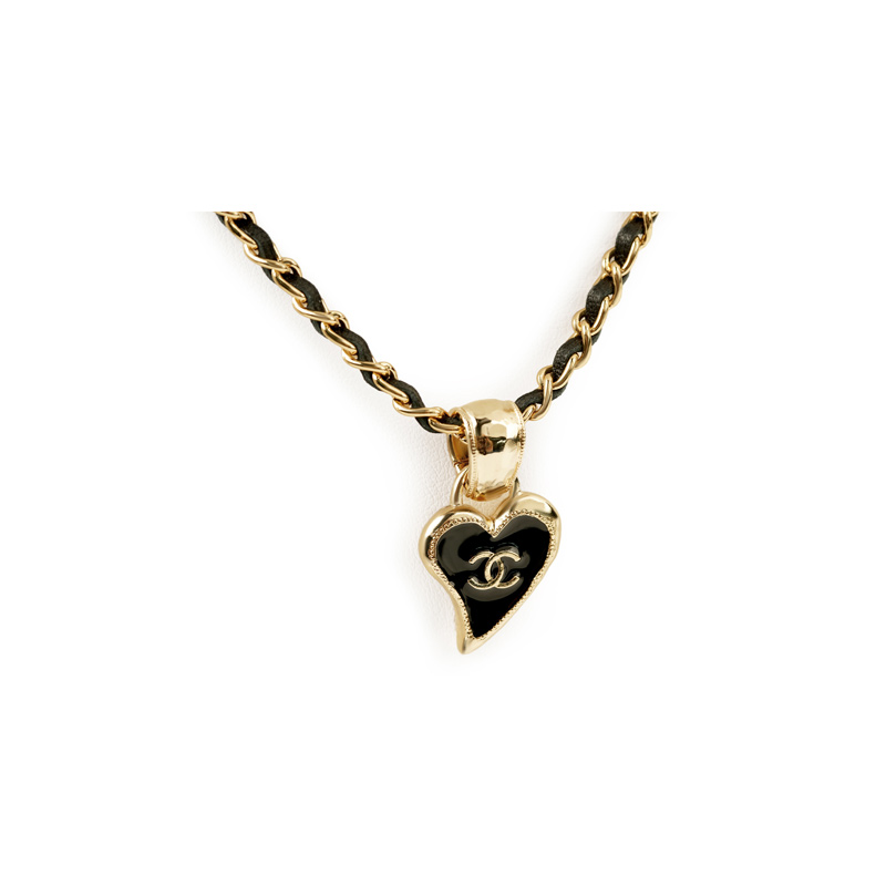 (Women) CHANEL Metal & Calfskin Double C Heart Necklace Black Gold  Jewelry AB8139-B07862-NH376