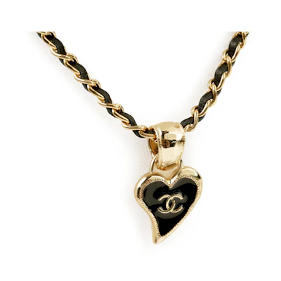 (Women) CHANEL Metal & Calfskin Double C Heart Necklace Black Gold Jewelry AB8139-B07862-NH376