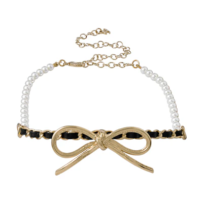 (Women) CHANEL Metal Bow Glass Pearl Choker Necklace Gold/Black Jewelry AB8496-B08183-NI326