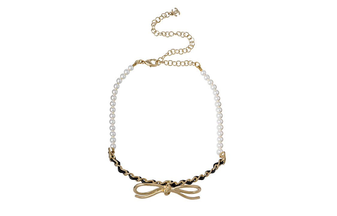 (Women) CHANEL Metal Bow Glass Pearl Choker Necklace Gold/Black  Jewelry AB8496-B08183-NI326 圖 3