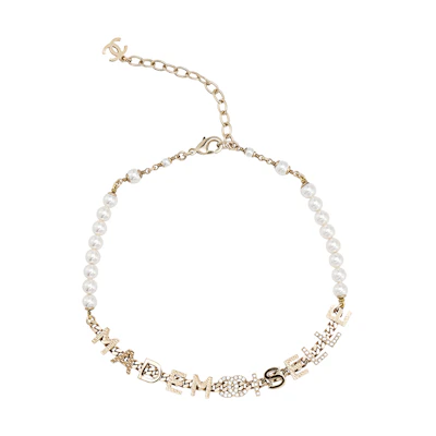 (Women) CHANEL Metallic, Crystal & Pearl Letter Necklace Gold for Women. AB7913-B07831-NH336