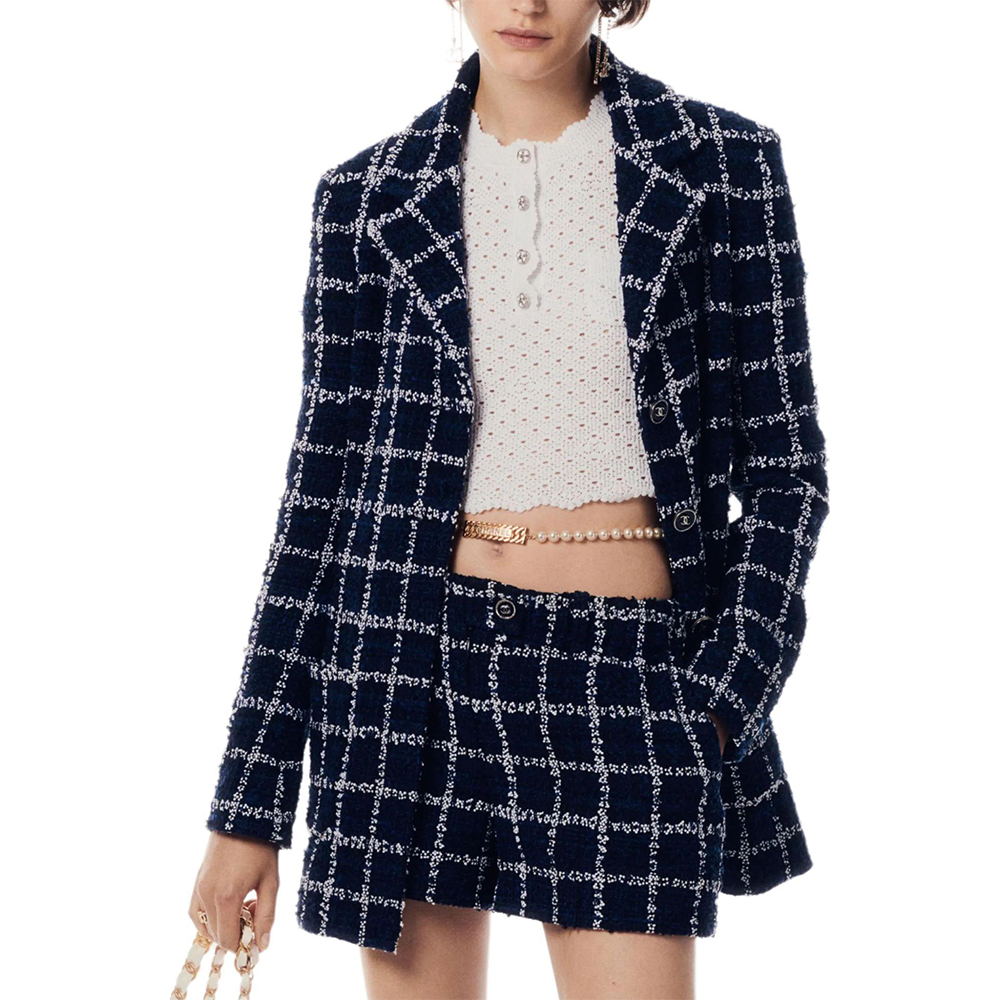 (Women) CHANEL Navy Blue Checkered Single-Breasted Long Sleeve Jacket  SS24. P76721-V68782-NU898