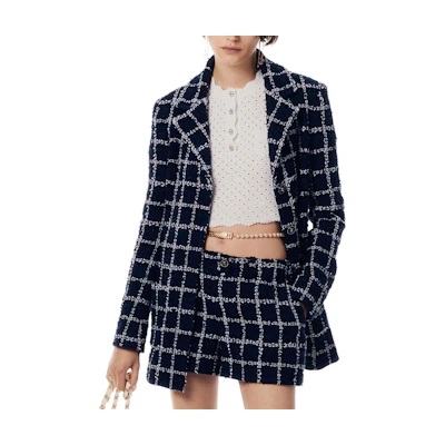(Women) CHANEL Navy Blue Checkered Single-Breasted Long Sleeve Jacket SS24. P76721-V68782-NU898
