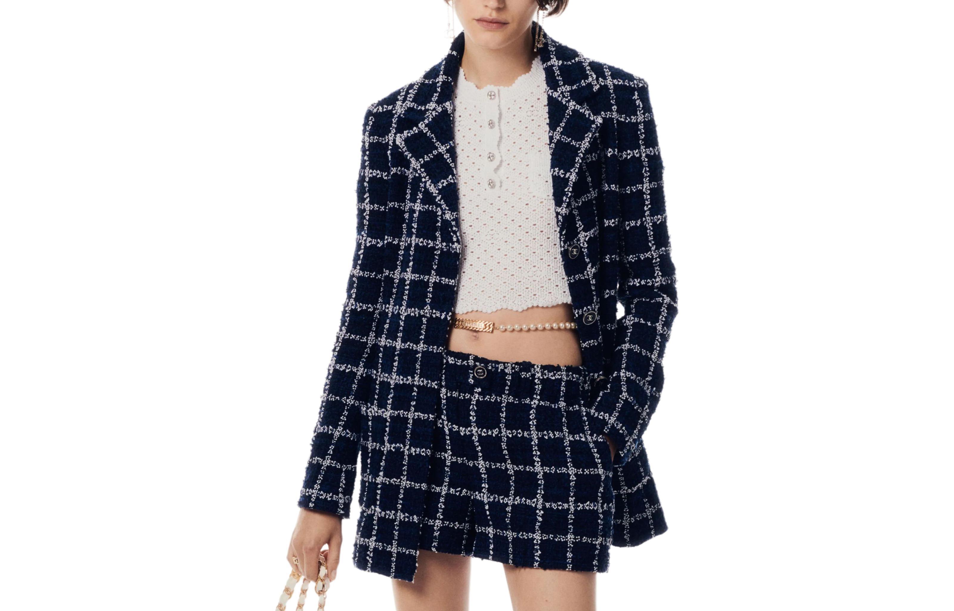 Order (W) CHANEL Jaket Navy Blue Kotak Lengan Panjang Single-Breasted SS24. P76721-V68782-NU898