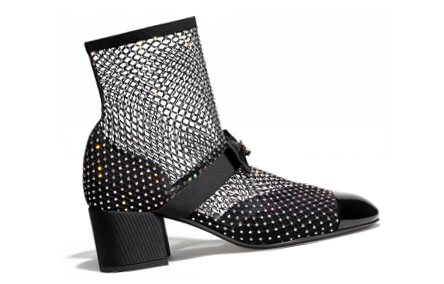 Order CHANEL香奈兒 魚網套筒粗跟 短靴 5.5cm 女款 黑色