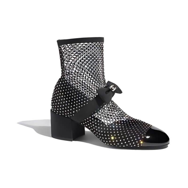 Lookbook CHANEL香奈兒 魚網套筒粗跟 短靴 5.5cm 女款 黑色