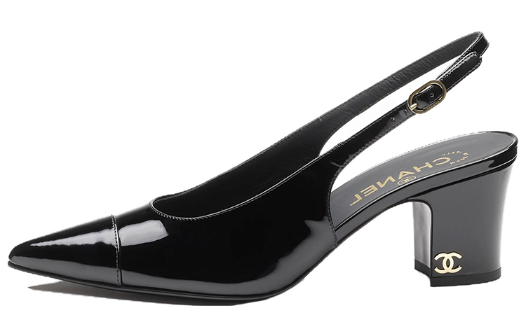 (W) Chanel Patent Leather Pointed Toe Buckle Chunky Heels 'Black'