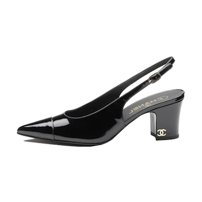 (W) Chanel Patent Leather Pointed Toe Buckle Chunky Heels 'Black'