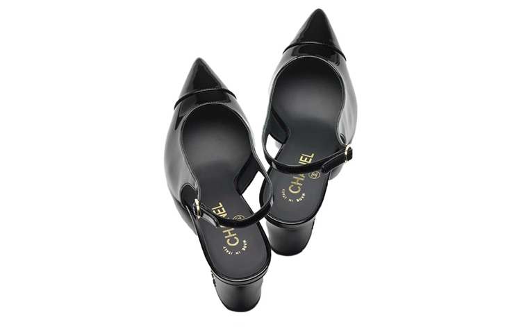 (W) Chanel Patent Leather Pointed Toe Buckle Chunky Heels 'Black' 圖 4