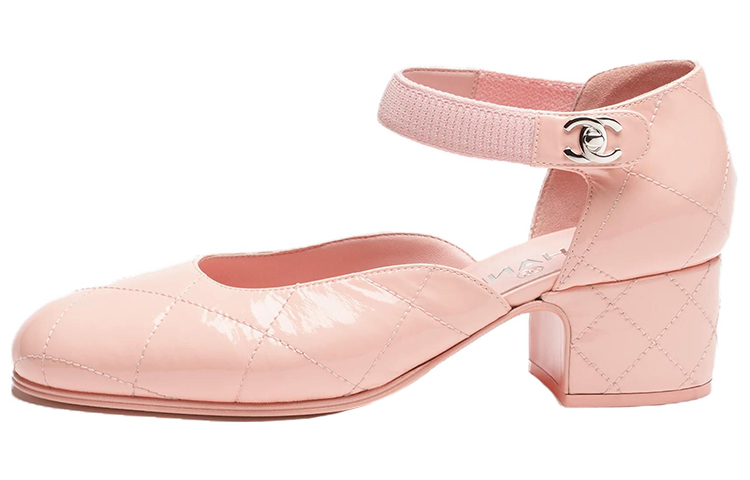 (W) Chanel Patent Leather Round-Toe Buckle Chunky Heel 'Pink'