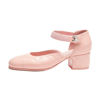 (W) Chanel Patent Leather Round-Toe Buckle Chunky Heel 'Pink'