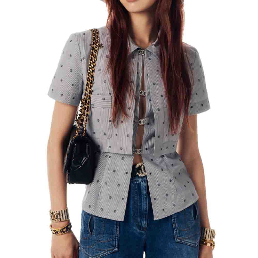 Shop (W) シャネル パターンプリント 半袖ポロシャツ グレー ウィメンズ SS24 P76756-V63866-M9999