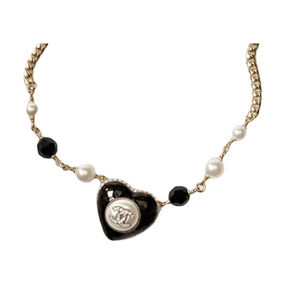 (Women) CHANEL Pearl Crystal Heart Pendant Necklace Black/Gold. AB9382-B09088-NK216