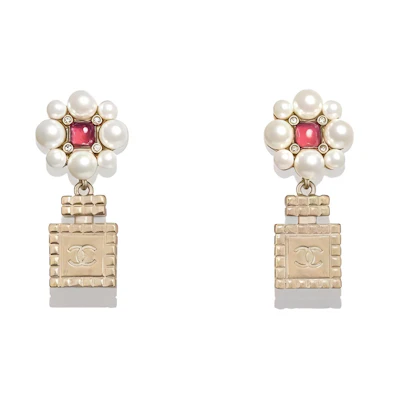 (Women) CHANEL Perfume Bottle Pendant Red Crystal Pearl Earrings Gold . AB5934-B05185-NB604