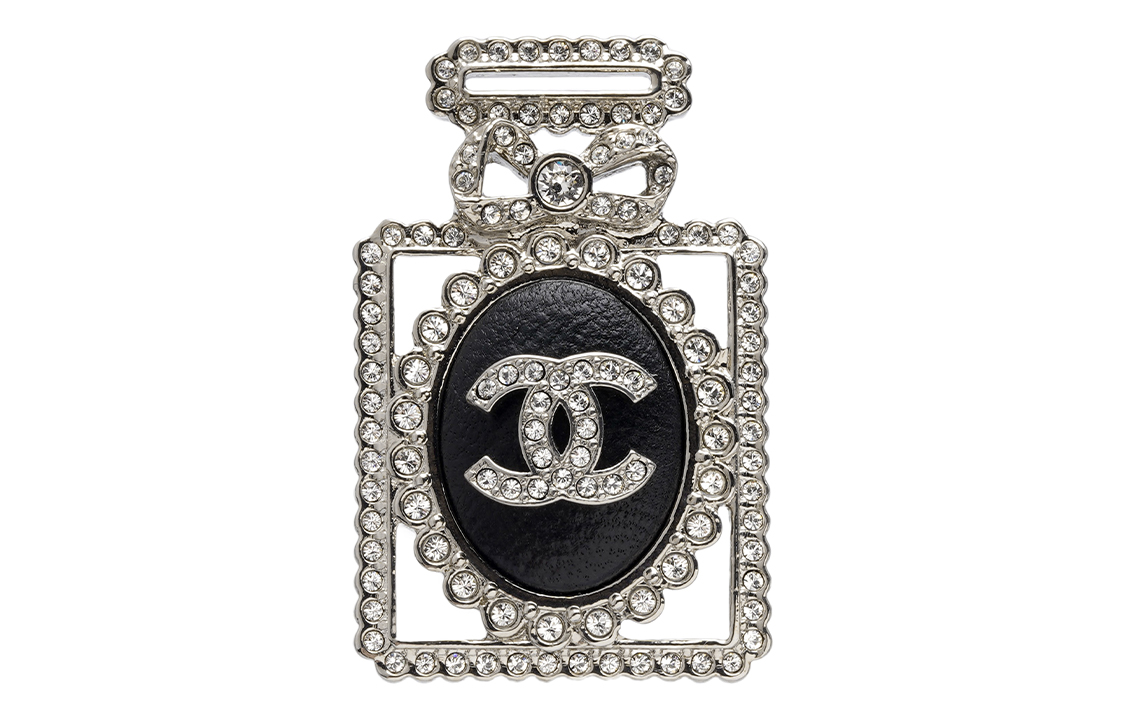 (Women) CHANEL Perfume Design Lambskin Leather Metal Brooch  Black/Silver. AB9257-B09021-NK118