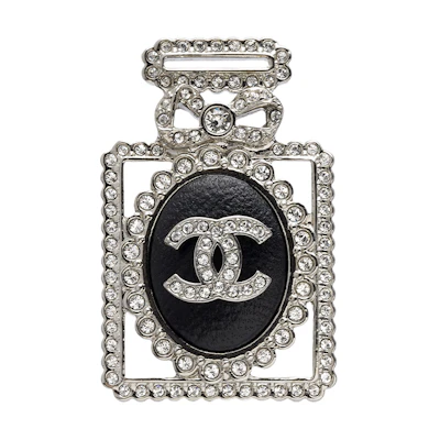 (Women) CHANEL Perfume Design Lambskin Leather Metal Brooch Black/Silver. AB9257-B09021-NK118