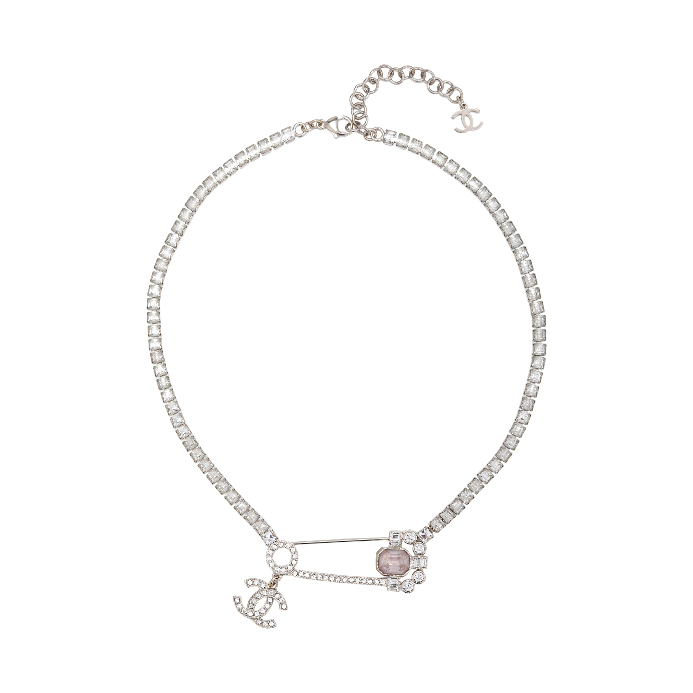 (Women) CHANEL Pink Crystal Diamond Brooch Necklace Silver  Accessories. AB9334-B09078-NK202