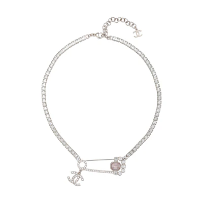 (Women) CHANEL Pink Crystal Diamond Brooch Necklace Silver Accessories. AB9334-B09078-NK202